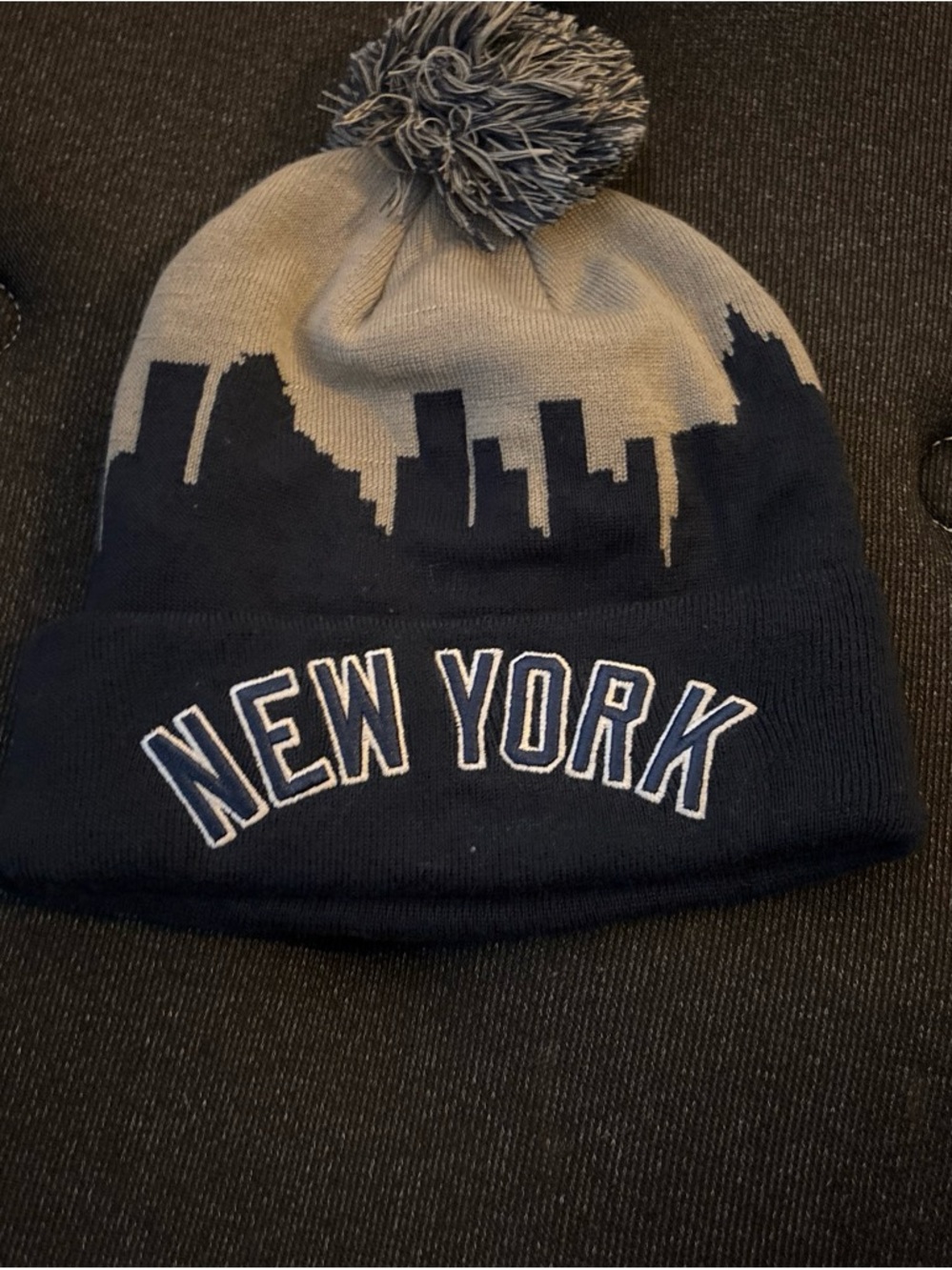 New York Skyline Knit Pom Beanie - Navy and Gray
